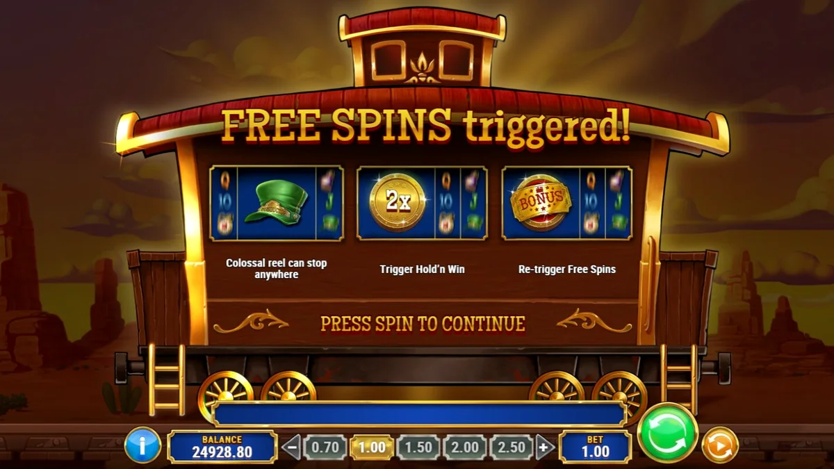 Isang tren sa lumang American West na puno ng ginto at mga simbolo ng slot